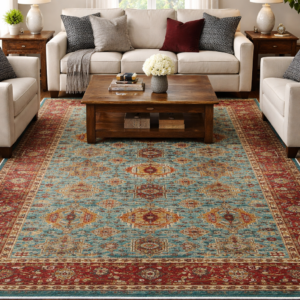 Vibrant Chobi rug in a neutral room